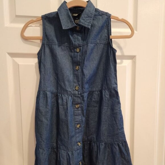 ROSIE HARLOW SLEEVELESS POINT COLLAR TIERED CHAMBRAY DRESS - Picture 1 of 4